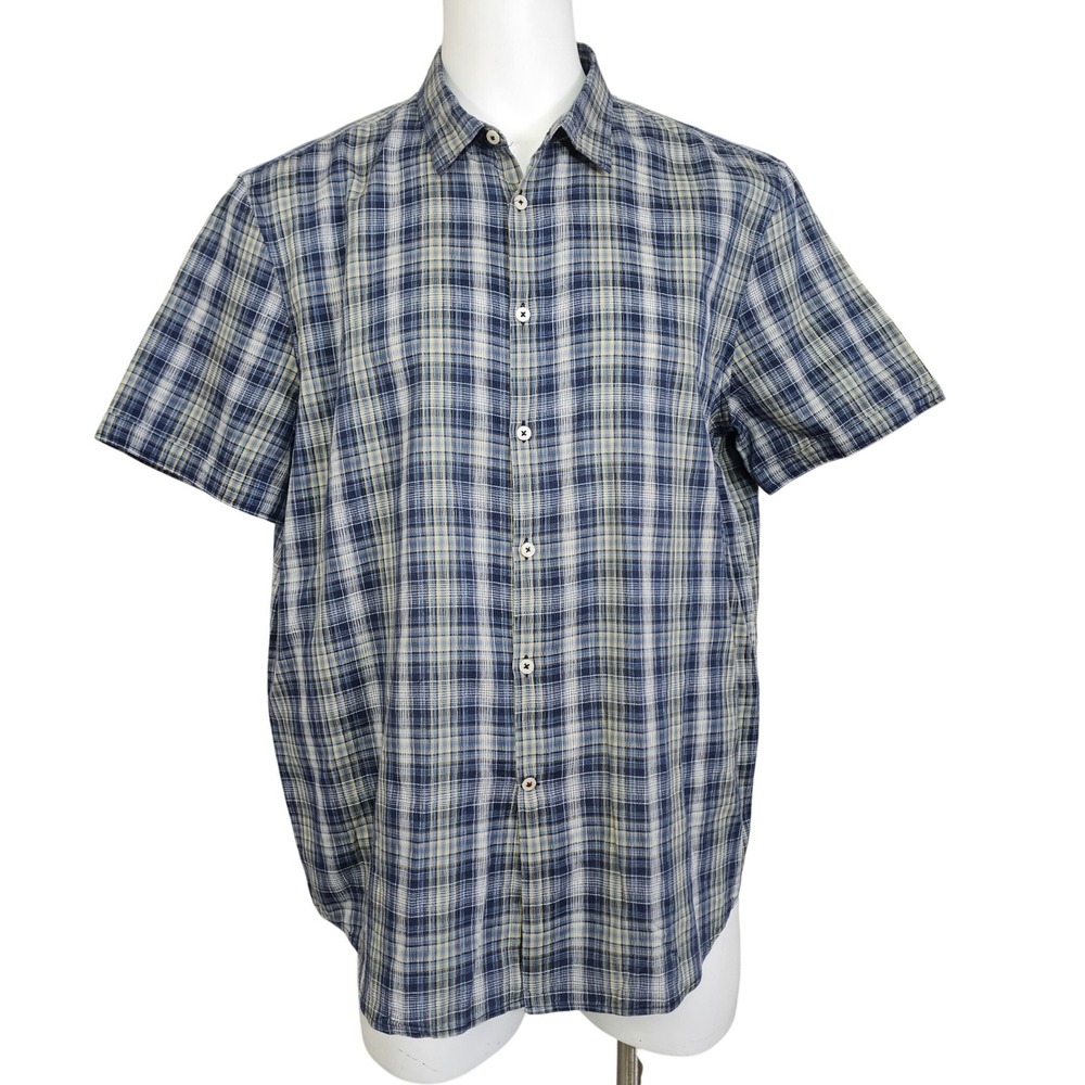 John Varvatos Plaid Button Up Shirt Mens 2XL Blue Grunge Casual Camp